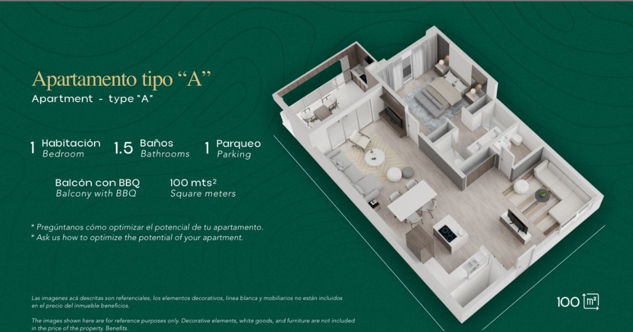 Plano 3D del apartamento tipo A, 100 m²