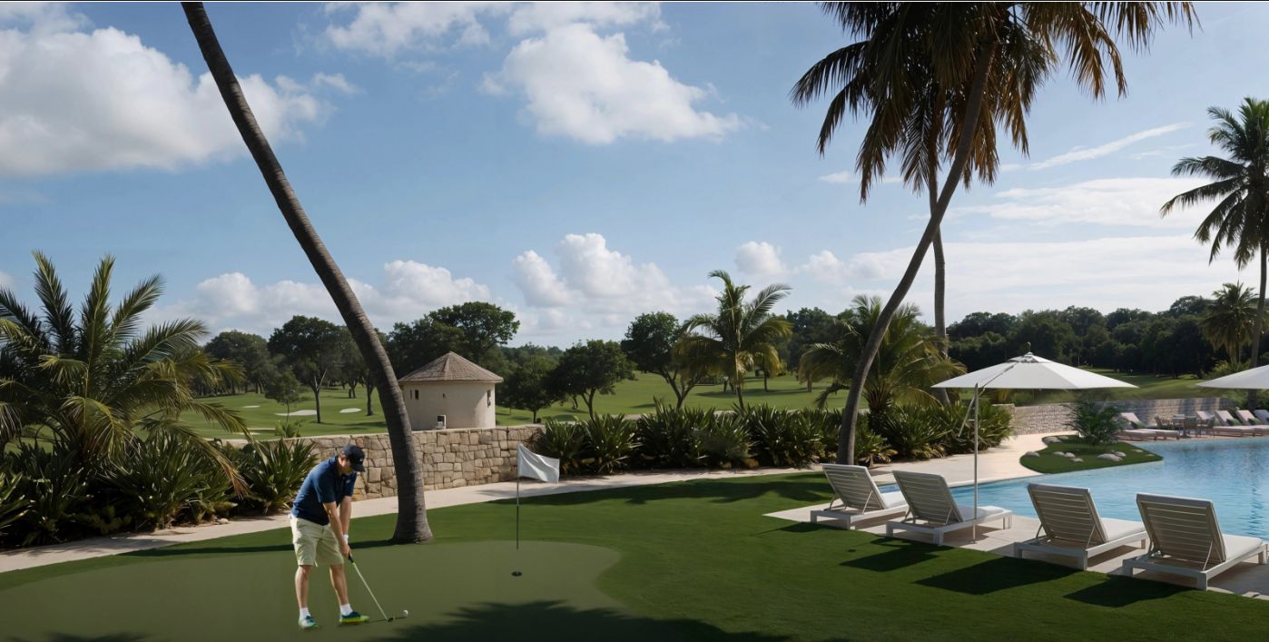 Putting green junto a la piscina
